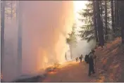  ?? MIKE MCMILLAN — U.S. FOREST SERVICE ?? Texas Forest Service firefighte­rs hold the line, watching for spot fires while working in the northwest flank of the August Complex Fire.