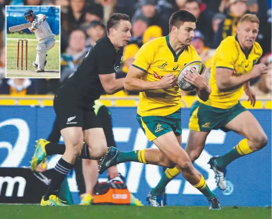  ??  ?? Jack Maddocks on the attack for the Wallabies in the first Bledisloe Test and (inset) playing first grade cricket in Sydney. Main picture: GETTY IMAGES