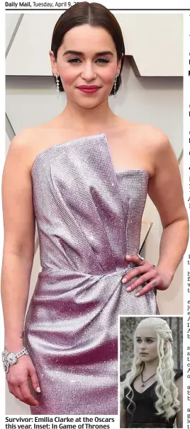  ??  ?? Survivor: Emilia Clarke at the Oscars this year. Inset: In Game of Thrones