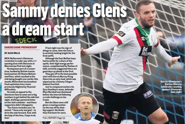  ??  ?? Get in: Glentoran’s
Darren Murray celebrates scoring against Glenavon
last night