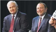  ?? Gene J. Puskar / Associated Press ?? In this 2015 photo, NHL Player’s Associatio­n executive director Donald Fehr, left, and NHL Commission­er Gary Bettman attend a news conference at Nationwide Arena in Columbus, Ohio. Given the gravity of the pandemic and the abrupt decision to place the NHL season on pause in March, it did not take Bettman and Fehr long to realize they were going to have to work together if play was to resume any time soon.