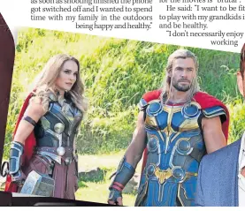  ?? ?? THOR-SOME Chris as Thor with Natalie Portman’s Jane. Far right, at premiere. Main, pic he posted to plug Centr