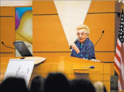  ?? Caroline Brehman Las Vegas Review-journal ?? Celina Karp Biniaz, a “Schindler’s List” Holocaust survivor, talks about her World War II experience Sunday at Temple Sinai.