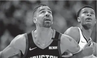  ?? Houston Rockets forward Thabo Sefolosha (left) boxes out Denver Nuggets guard PJ Dozier during a Jan. 26 game. [AP PHOTO/DAVID ZALUBOWSKI, FILE] ??