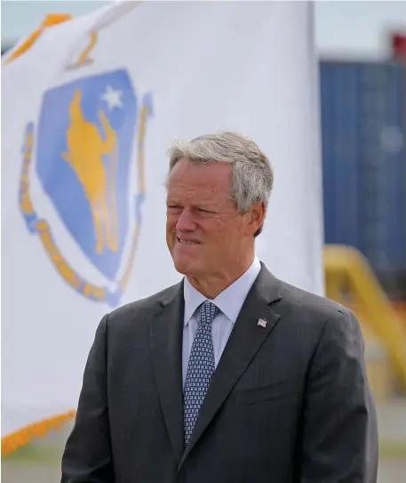  ?? STuART cAHiLL / HeRALd sTAFF ?? GEARING UP: Gov. Charlie Baker is pictured Sept. 22 at the offshore wind workforce training facility during Climate Week in New Bedford.