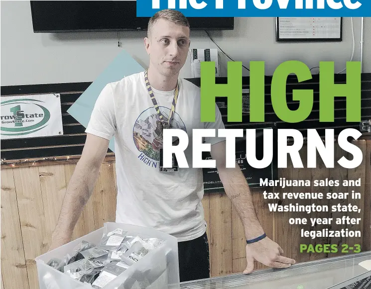  ?? NICK PROCAYLO/PNG ?? Zack Henifin, manager of Top Shelf Cannabis in Bellingham, has seen a lot of changes since he made Washington’s first legal pot sale one year ago.