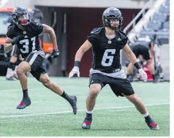  ?? ERROL MCGIHON / POSTMEDIA NEWS FILES ?? Redblacks linebacker Kevin Brown, right, says other people can form opinions on where the team’s defence ranks; the players are focused on winning the next football game.