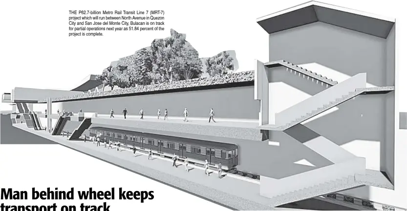  ??  ?? THE P62.7-billion Metro Rail Transit Line 7 (MRT-7) project which will run between North Avenue in Quezon City and San Jose del Monte City, Bulacan is on track for partial operations next year as 51.84 percent of the project is complete.