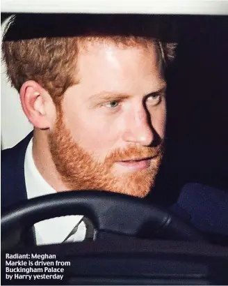  ??  ?? Radiant: Meghan Markle is driven from Buckingham Palace by Harry yesterday