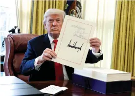  ?? Photograph: Evan Vucci/AP ?? Then president Donald Trump displays the $1.5tn tax overhaul package he signed in the oval office on 22 December 2017.