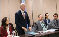  ?? Reuters ?? UN Special Envoy for Syria Staffan de Mistura speaks at a meeting with the Syrian Negotiatio­n Commission (SNC) delegation in Geneva on Thursday. —