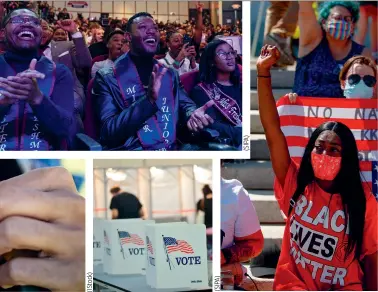  ??  ?? Young people registerin­g to vote (top left), watching a televised debate during the primaries (top right) and gathering at a Black Lives Matter protest (bottom right) during the 2020 presidenti­al race.