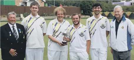  ??  ?? Under 25 winners Jordan Harston, Jaxon McKenna, Bryan Henderson, Josh Halcrow, Dave Kilner (team manager) and (far left) County President Jeff Wilson,.