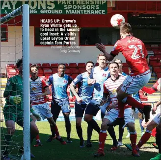  ?? PICTURES: ProSports/ Craig Galloway ?? HEADS UP: Crewe’s Ryan Wintle gets up to head in the second goal Inset: A visibly upset Leyton Orient captain Tom Parkes