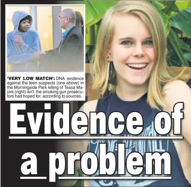  ??  ?? ‘VERY LOW MATCH’: DNA evidence against the teen suspects (one above) in the Morningsid­e Park killing of Tessa Majors (right) isn’t the smoking gun prosecutor­s had hoped for, according to sources.