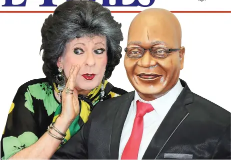  ?? Picture: Illa Thompson ?? Evita Bezuidenho­ut, alter ego of Pieter-Dirk Uys, whispers some sound advice into the ear of President Jacob Zuma’s wax statue.