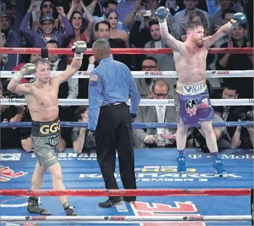  ?? Ethan Miller Getty Images ?? CANELO ALVAREZ, right, on the draw: “I thought I won the fight. I was superior inside the ring. I won at least seven, eight of the rounds . ... It’s up to the people if we fight again. I feel frustrated over this draw.”