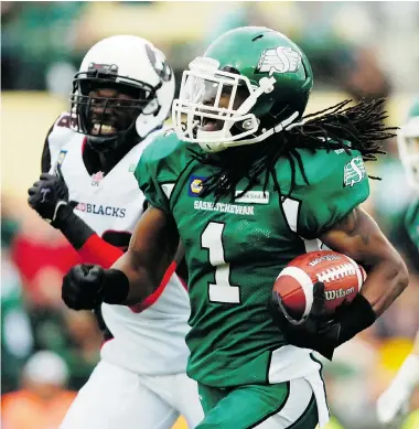  ?? MICHAEL BELL/Leader-Post ?? Saskatchew­an’s Marshay Green runs past Redblacks’ Carlton Mitchell during a punt return in a pre-season game held at
Mosaic Stadium. The Riders opened the pre-season with a 21-17 win over the expansion visitors from Ottawa.