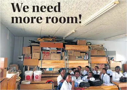  ?? Pictures: TYLER McBRIEN ?? SPACE CASE: The classrooms at Tandanani Secondary School near Mthatha, left, can hardly contain the school’s 600 pupils, and even the storage sheds outside, right, are