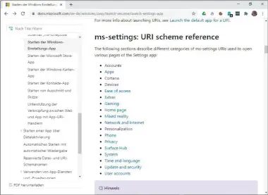  ??  ?? Die einzelnen Seiten der „Einstellun­gen“von Windows lassen sich über Verknüpfun­gen schnell aufrufen, die Befehle finden Sie auf einer Microsoft-seite im Internet. Achten Sie jedoch darauf, dass Sie die englische Version der Seite aufrufen.