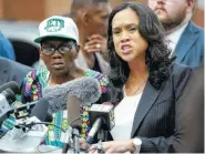  ?? ASSOCIATED PRESS FILE PHOTO ?? Baltimore State’s Attorney Marilyn Mosby, right, holds a news conference Wednesday after her office dropped the remaining charges against three Baltimore police officers awaiting trial in the death of Freddie Gray.
