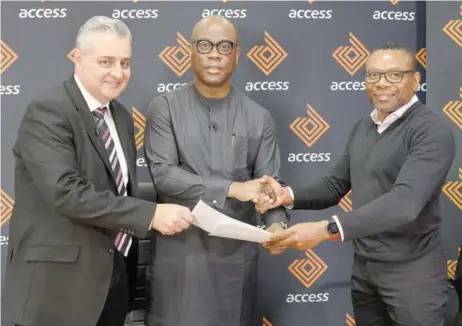  ??  ?? L-R: Bennie Van Rooy, CEO, Grobank South Africa; Herbert Wigwe, GMD/CEO, Access Bank plc, and Patrick Mathidi, chairman, board of directors, Grobank South Africa, during the signing ceremony and official handover of Grobank to Access Bank South Africa in Sandton, South Africa, recently.