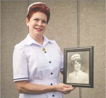  ?? ERROL MCGIHON ?? Corky Muir's sister reproduced her original white uniform, and she wore it to work on her last day as a nurse. The framed photo was taken in the early days of her career.