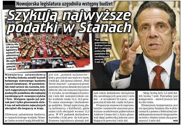  ??  ?? Liderzy obu izb stanowej legislatur­y wymusili na administra­cji podwyżkę dla osób zarabiając­ych powyżej
1 mln dol.
Plan gubernator­a Andrew Cuomo (64 l.) zakładał podwyżkę podatków dla zarabiając­ych powyżej
5 mln dol.