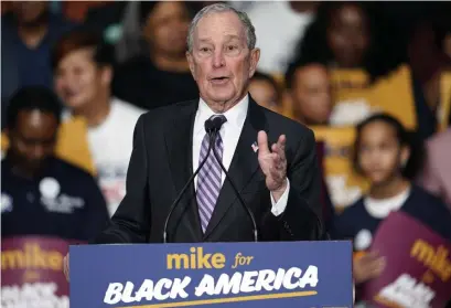  ?? A[ FILE ?? Democratic presidenti­al candidate and former New York City Mayor Michael Bloomberg speaks during his campaign launch of ‘Mike for Black America’ Thursday in Houston.