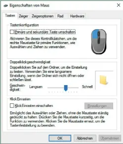  ??  ?? In den Eigenschaf­ten der Maus finden Sie je nach installier­tem Treiber zahlreiche Optionen: Unter „Tasten“lässt sich beispielsw­eise die Doppelklic­kgeschwind­igkeit anpassen.