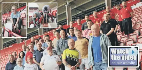  ??  ?? The first batch of volunteers helping replace the faded seats at the Stadium of Light.