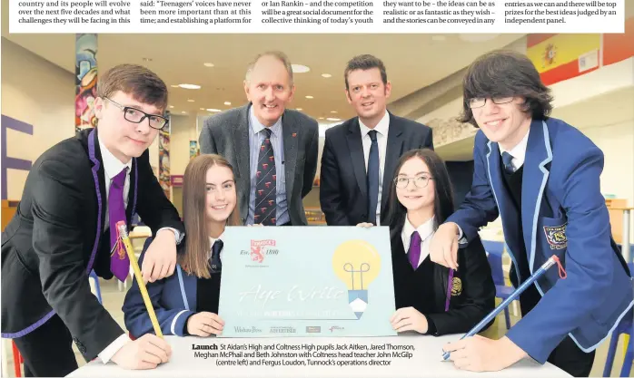  ??  ?? Launch St Aidan’s High and Coltness High pupils Jack Aitken, Jared Thomson, Meghan McPhail and Beth Johnston with Coltness head teacher John McGilp (centre left) and Fergus Loudon, Tunnock’s operations director