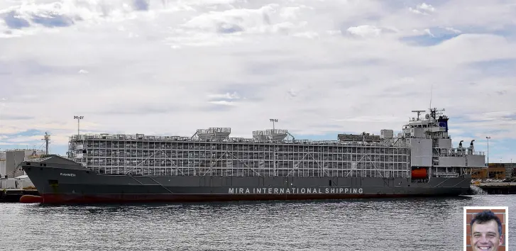  ?? PHOTO: WIKIPEDIA ?? Controvers­ial cargo . . . The livestock carrier Rahmeh, berthed in Western Australia in 2016. Four years later, renamed Gulf Livestock 1, it would sink in the East China Sea. Inset: Southland National MP Joseph Mooney.