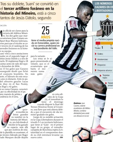  ??  ?? Destreza. Juan Cazares, volante ecuatorian­o del Atlético Mineiro, combina efectivida­d para asistir con eficacia en la red.