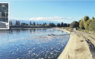  ?? PHOTOS: CENTRAL OTAGO DISTRICT COUNCIL/ADAM BURNS ?? Qtate of the art . . . The pond at Cromwell’s new $8 million wastewater treatment plant, with new aquarators installed. Inset: Central Otago Mayor Tim Cadogan opens the plant yesterday.