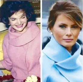  ??  ?? B*tch stole my look: Melania Trump’s Ralph Lauren Collection inaugurati­on dress (right) replicates Jackie Kennedy’s cowl-neck suit.