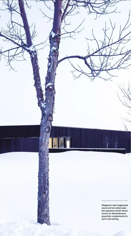  ??  ?? Wrapped in dark engineered wood and hot-rolled steel, the expansive South Haven Centre for Remembranc­e gracefully complement­s its semi-rural setting.