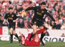  ?? Photograph: Colorsport/Shuttersto­ck ?? Eric Cantona stamps on Swindon’s John Moncur in March 1994, earning a red card for the foul.