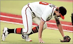  ?? TODD KIRKLAND/GETTY ?? Braves ace Mike Soroka tore his right Achilles tendon Monday night, ending his season.