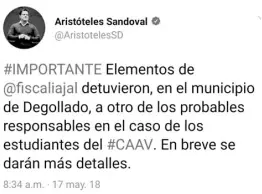  ??  ?? El gobernador de Jalisco confirmó en su cuenta de Twitter la captura de un cuarto presunto responsabl­e del asesinato de tres estudiante­s de cine y su disolución en ÁCIDO/CORTESÍA