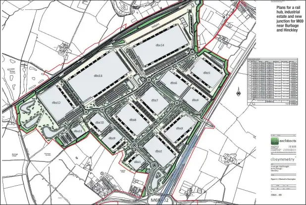  ??  ?? Plans for a rail hub, industrial estate and new junction for M69 near Burbage and Hinckley