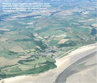  ??  ?? Walking along the coast can often pose more risks that other water-based sports or activities. Pictured are the villages of Llansteffa­n and Ferryside at the mouth of the River Towy.