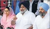  ?? AMAL KS/HT ?? (From left) Union minister Harsimrat Kaur Badal, SAD chief Sukhbir Singh Badal and DGSMC chief Manjit Singh GK during a press conference in New Delhi on Wednesday.