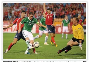  ??  ?? MOVING ON: Ireland’s Robbie Keane gets his shot away against Armenia in Yerevan in 2010, Ireland’s last significan­t qualifier win on the road