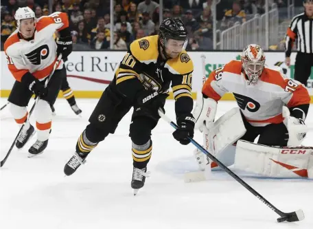  ?? AP FILE ?? RIVALRY RENEWED: Bruins forward Anders Bjork controls the puck against the Flyers on Nov. 10, 2019, at TD Garden. The rivals will face off tonight without fans on Causeway Street.