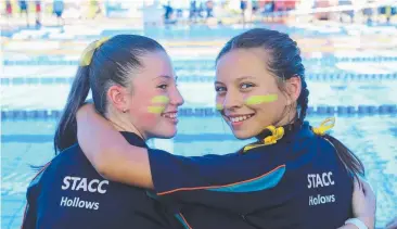  ??  ?? St Andrew’s Catholic College Year 8 students Chloe Marks and Tyra Thomas at the middle years swimming carnival.
