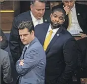  ?? ?? REP. BYRON DONALDS, right, with fellow Florida Republican Matt Gaetz, was supported by 20 hardliners after initially voting for McCarthy himself.