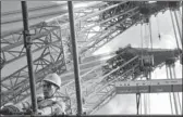  ?? YU FANGPING / FOR CHINA DAILY ?? A CNOOC worker sets up scaffoldin­g at a constructi­on site near Qingdao, Shandong province.