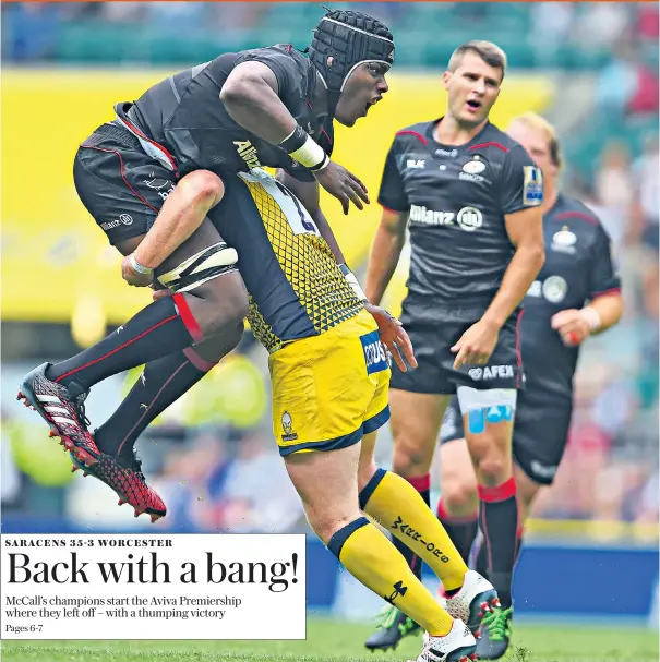  ??  ?? Welcome back: Maro Itoje, Saracens’ England lock, is sent airborne by Worcester’s Tevita Cavubati as the Aviva Premiershi­p season gets into full swing during the annual Twickenham double-header yesterday