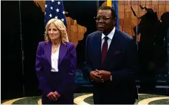  ?? (AP Photo/Dirk Heinrich) ?? U.S. First Lady Jill Biden, left, with Namibian President Hage Geingob, center, and Namibian First Lady Monica Geingos, at State House in Windhoek, Namibia Wednesday, Feb. 22, 2023. Biden is in the country as part of a commitment by President Joe Biden to deepen U.S. engagement with the region.